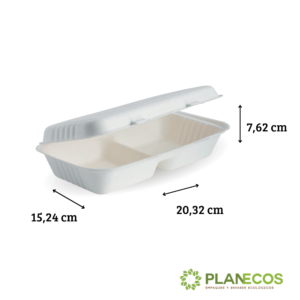 Contenedor rectangular de bagazo con 2 divisiones internas sobre fondo blanco con medidas en cm (altura, ancho y largo) para una mejor visualización de sus dimensiones.