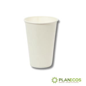 Vaso de 16 onzas de papel polyboard personalizable sobre fondo blanco, mostrando su diseño elegante y versátil.