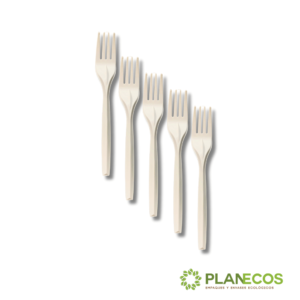 Tenedor biodegradable de almidón de maíz de 17 cm, ideal para comidas, ecológico y compostable.