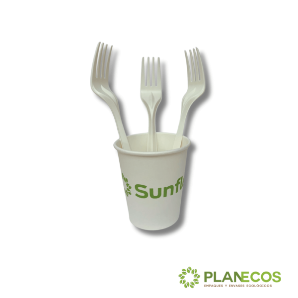 Tenedor de almidón de maíz biodegradable de 17 cm, ideal para restaurantes, catering y eventos ecológicos.