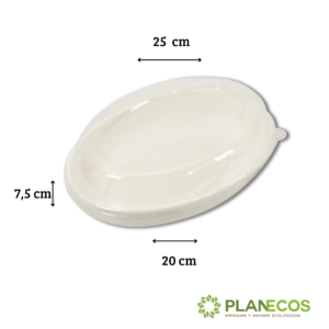 Contenedor ovalado de bagazo de 26 onzas con tapa, mostrando sus dimensiones (7,5 cm, 25 cm y 20 cm) en centímetros.