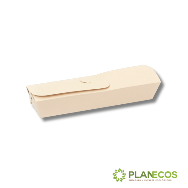 Imagen de una caja ecológica rectangular biodegradable con un diseño atractivo y una persona empacando un producto.