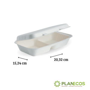 Contenedor rectangular de bagazo con 2 divisiones internas sobre fondo blanco con medidas en cm (altura, ancho y largo) para una mejor visualización de sus dimensiones.