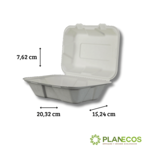 Contenedor rectangular de bagazo sin divisiones internas con una deliciosa ensalada en su interior, mostrando su versatilidad para servir alimentos.