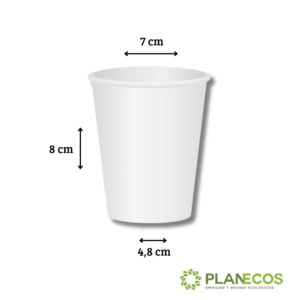 Vaso de 7 onzas de papel polyboard personalizable para frío y calor con medidas en cm (altura, ancho y largo) para una mejor visualización de sus dimensiones. altura 8 cm – diámetro superior 7 cm – diámetro inferior 4.8 cm