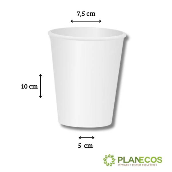 Vaso de 9 onzas de papel polyboard personalizable para frío y calor con medidas en cm (10 cm, 5 cm y 7,5 cm) para una mejor visualización de sus dimensiones.