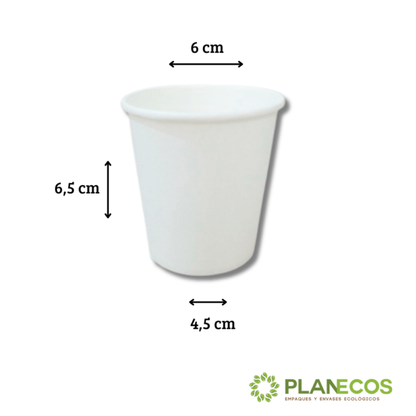 Vaso de 4 onzas de papel polyboard personalizable con medidas en cm (altura 6.5 cm – diámetro superior 6 cm – diámetro inferior 4.5 cm) para una mejor visualización de sus dimensiones.