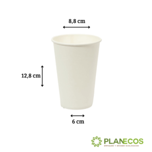 Vaso de 16 onzas de papel polyboard personalizable con medidas en cm (altura, ancho y largo) para una mejor visualización de sus dimensiones.