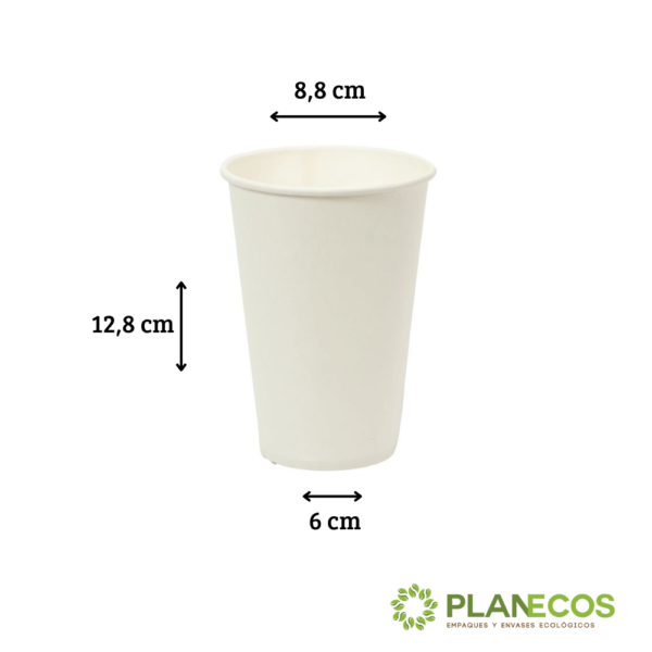 Vaso de 16 onzas de papel polyboard personalizable con medidas en cm (altura, ancho y largo) para una mejor visualización de sus dimensiones.