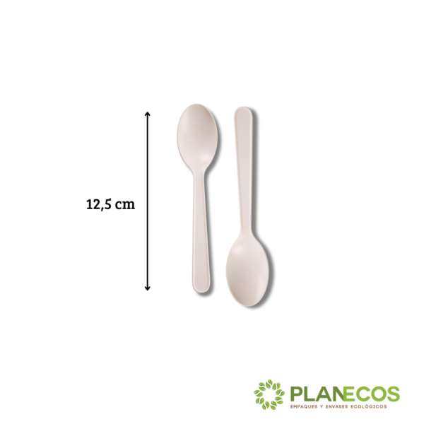 Cuchara biodegradable de almidón de maíz, 12.5 cm, ideal para postres. Ecológica y compostable.